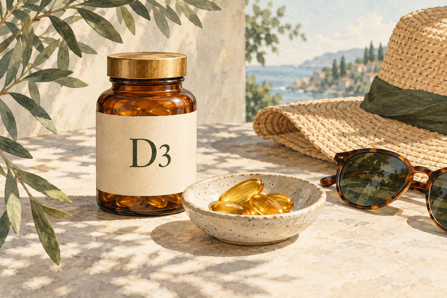 Flacone di vitamina D3 e capsule accanto a un cappello e a occhiali da sole.