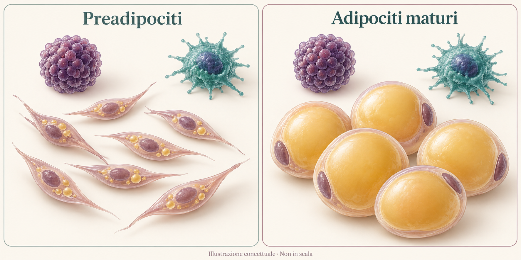 Confronto illustrativo tra preadipociti e adipociti maturi